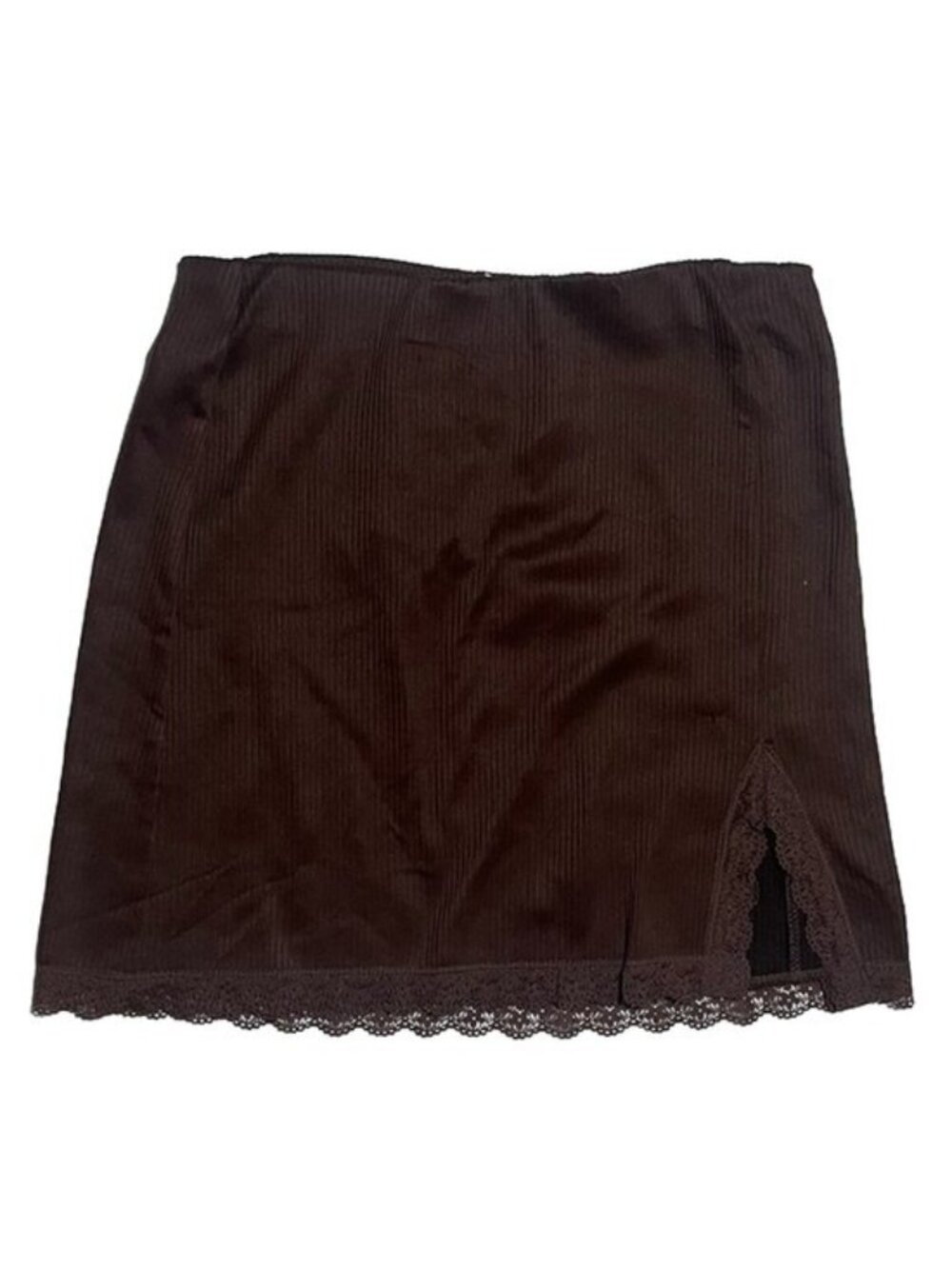 Ribbed Mini Skirt Lace Trim Front Slit